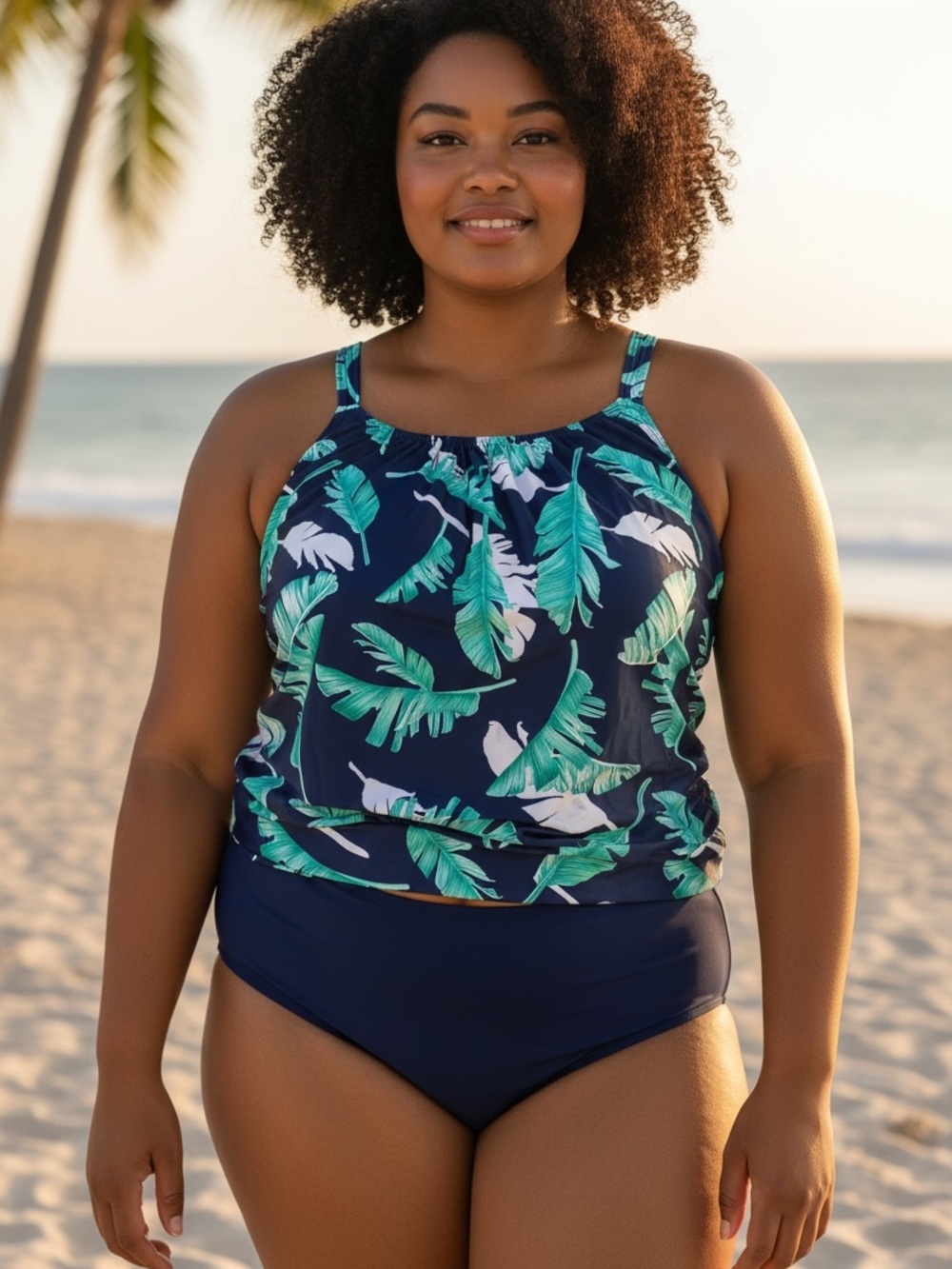 Tropical Leaf Print Tankini Swimsuit Set YONIQUE. SIZE XL